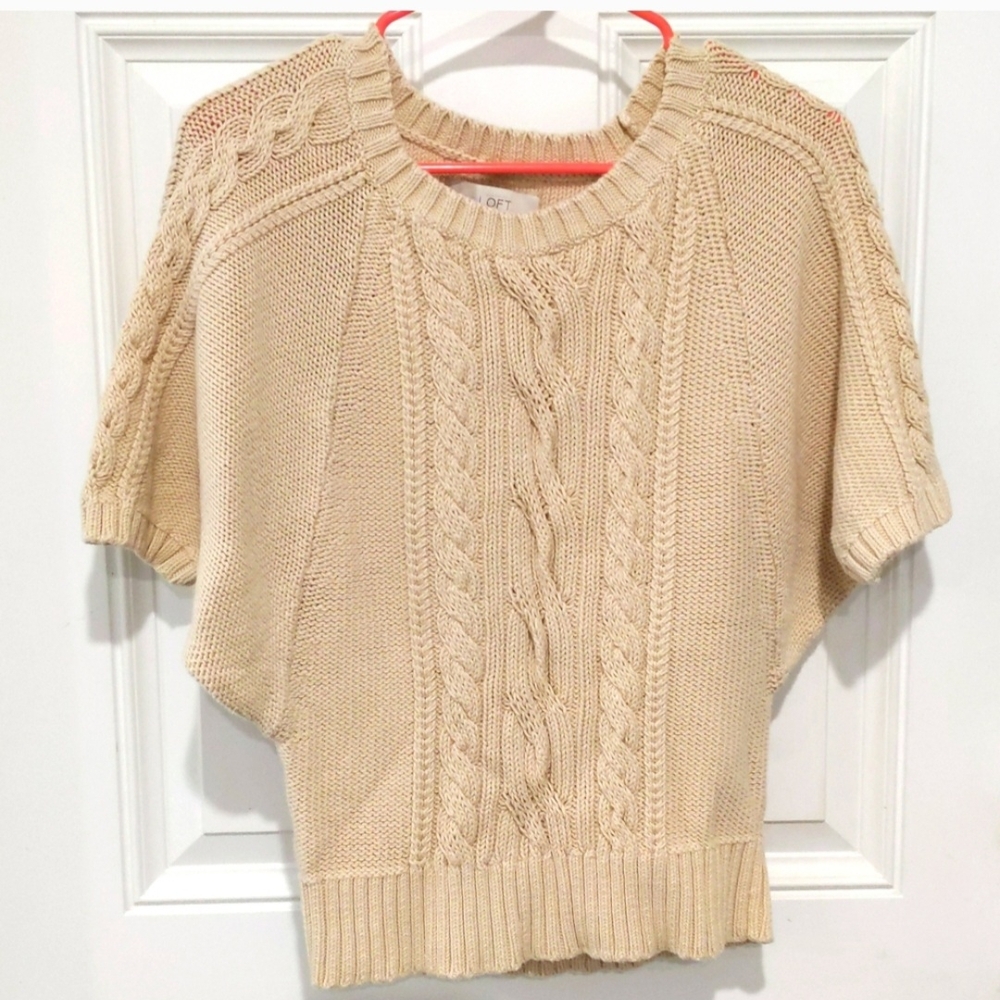 LOFT Beige Cable Knit Short Sleeve Sweater